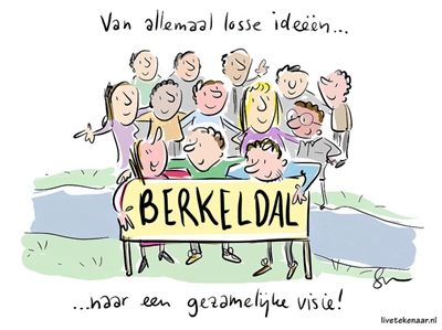 Tekening met gezichten van mensen van Berkeldal met bijschrift: Van allemaal losse ideeën... naar een gezamenlijke visie!