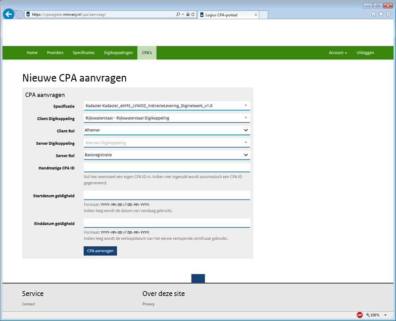 Schermafdruk CPA aanvraagformulier