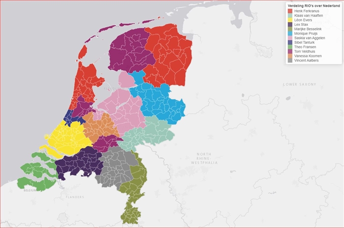 Link naar de interactieve kaart op de website van VNG. Daar vindt u de regioverdeling van RIO's over Nederland