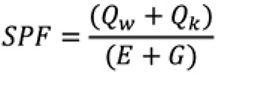 Formule bodemenergie SPF is Qw plus Qk gedeeld door E plus G.